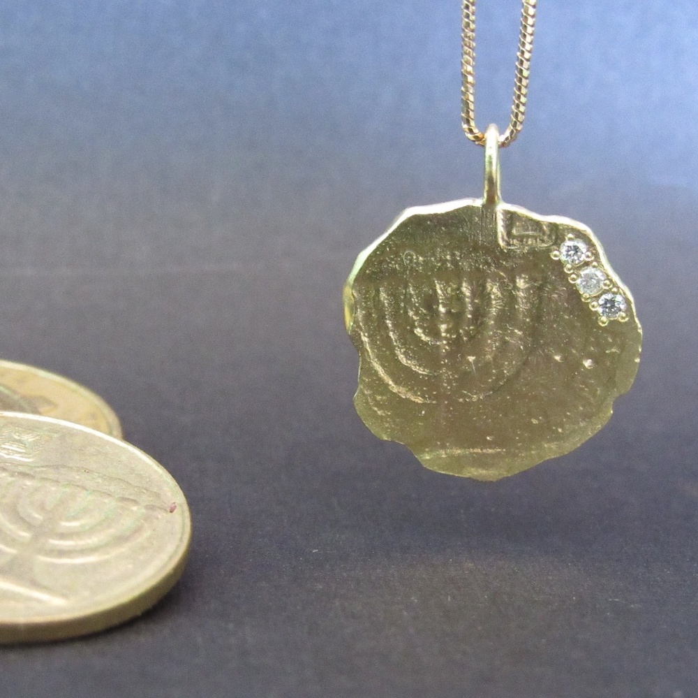 14K Gold Menorah Necklace – Ancient Coin Style Pendant with Diamonds